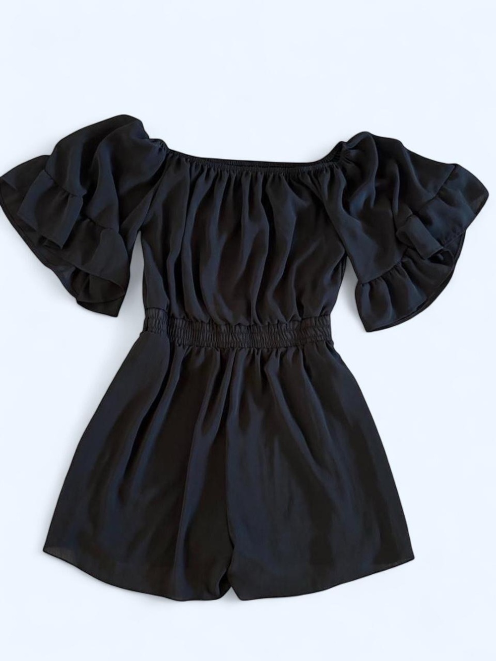 Black Off-Shoulder Ruffled Short Dress Romper